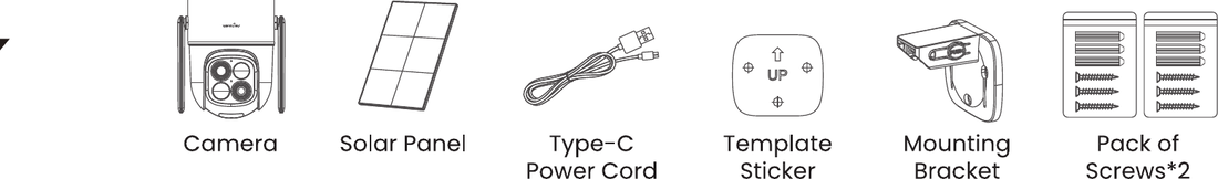 B7 の同梱物：カメラ、ソーラーパネル、Type-C 電源コード、位置決めシール、取り付けブラケット、ネジセット