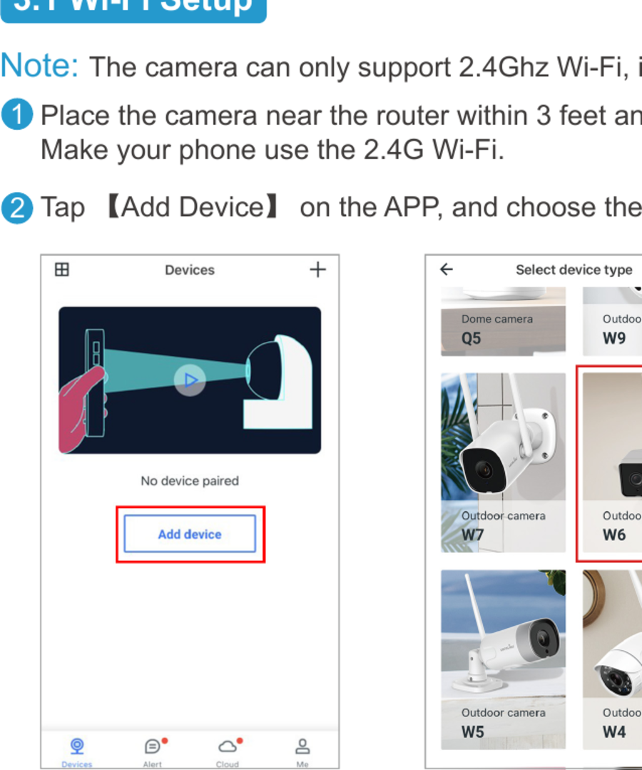 W6 Wi-Fi setup — add device and select the W6 model