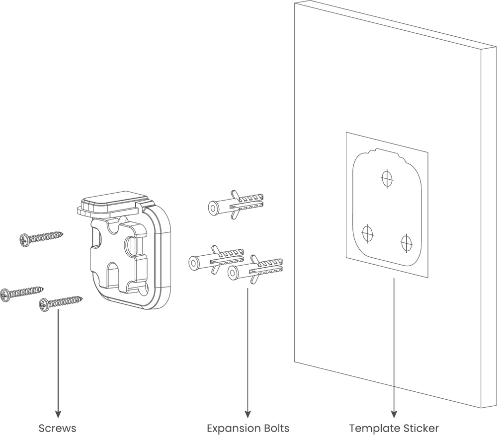 Drill holes using the template sticker and fix the bracket with screws and expansion bolts