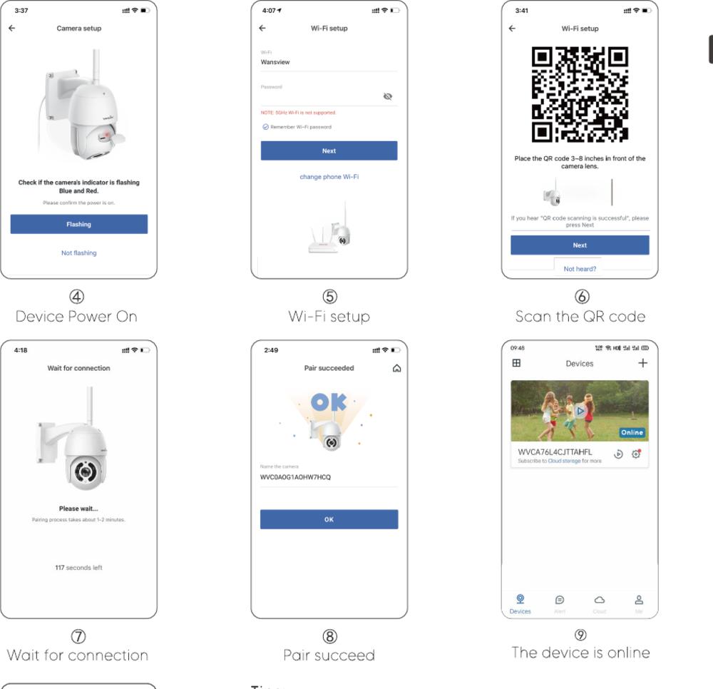 Pairing flow screens: device power on, Wi-Fi setup, scan the QR code, wait for connection, pair succeed, and device online