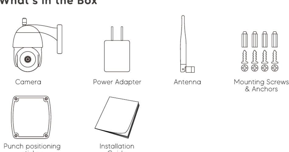 W9 package contents: camera, power adapter, antenna, mounting screws and anchors, punch positioning sticker, installation guide