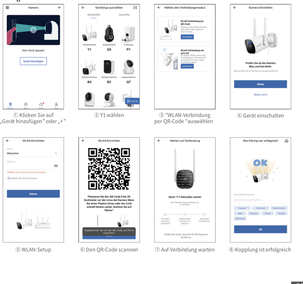 Y1 pairing via QR code: add device, select Y1, choose QR-code connection, power on, Wi-Fi setup, scan QR code, wait for connection, pairing successful