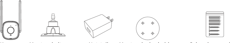 Y1 package contents: camera, mounting bracket, power adapter, mounting hole template, screw pack