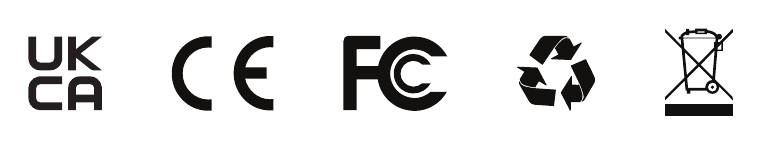เครื่องหมายรับรอง UKCA, CE, FCC, รีไซเคิล และ WEEE